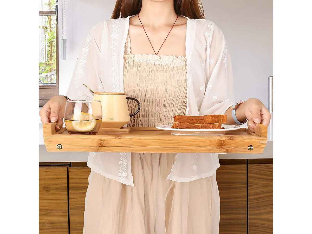 Plateau de petit-déjeuner avec pieds pliables, plateau de lit, plateau de service en bambou - Longueur 44 x Profondeur 27 x Hauteur (5.5-22.5) cm