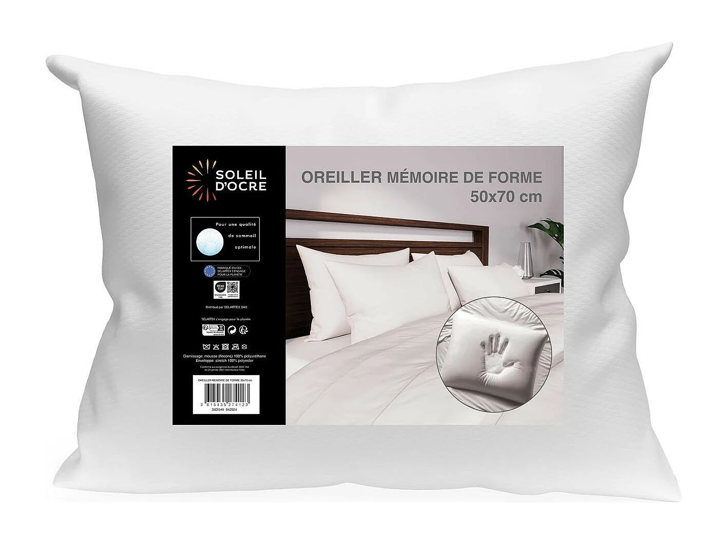 Oreiller mémoire de forme 50x70 cm, par Soleil d'ocre