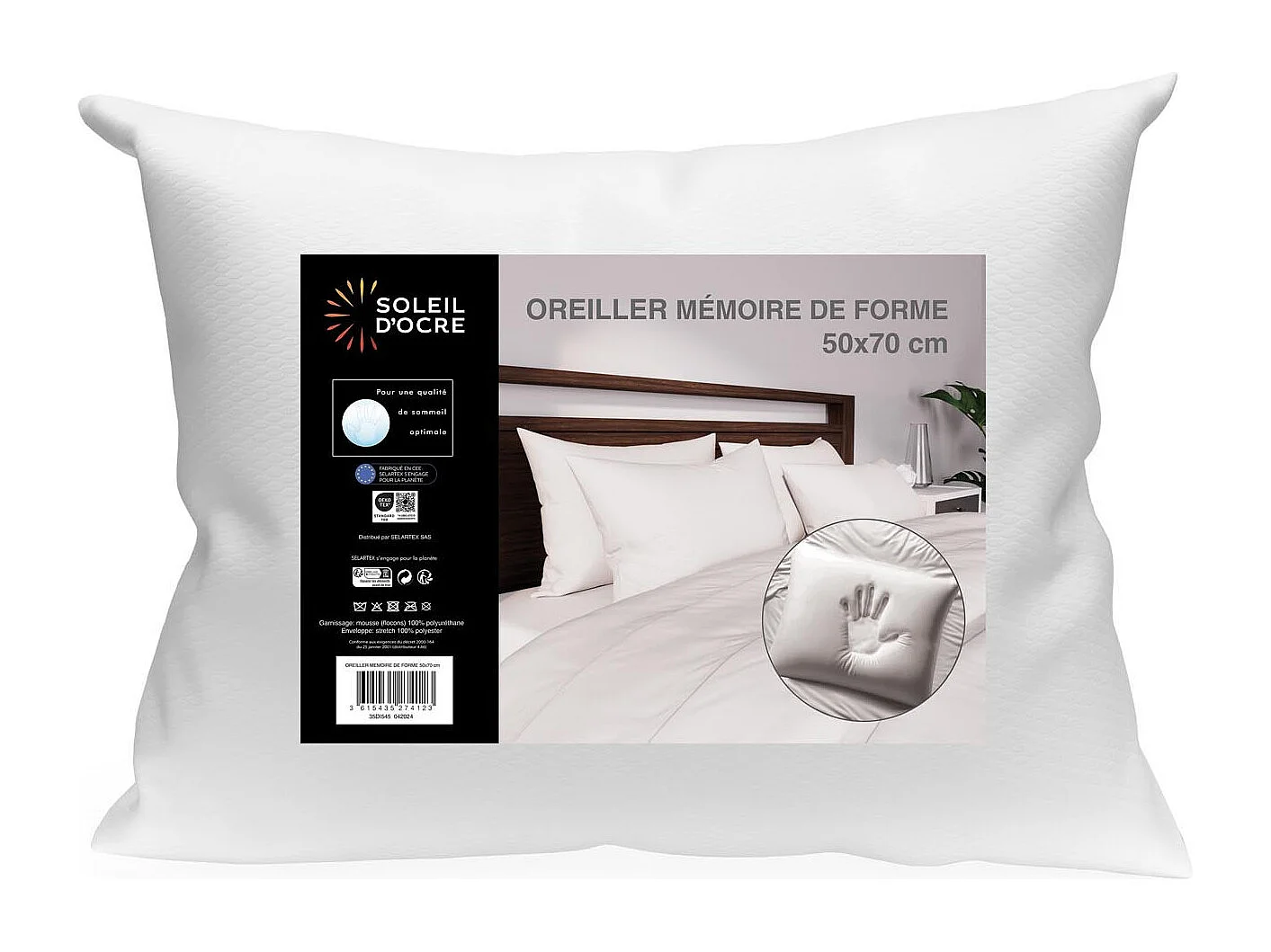 Oreiller mémoire de forme 50x70 cm, par Soleil d'ocre