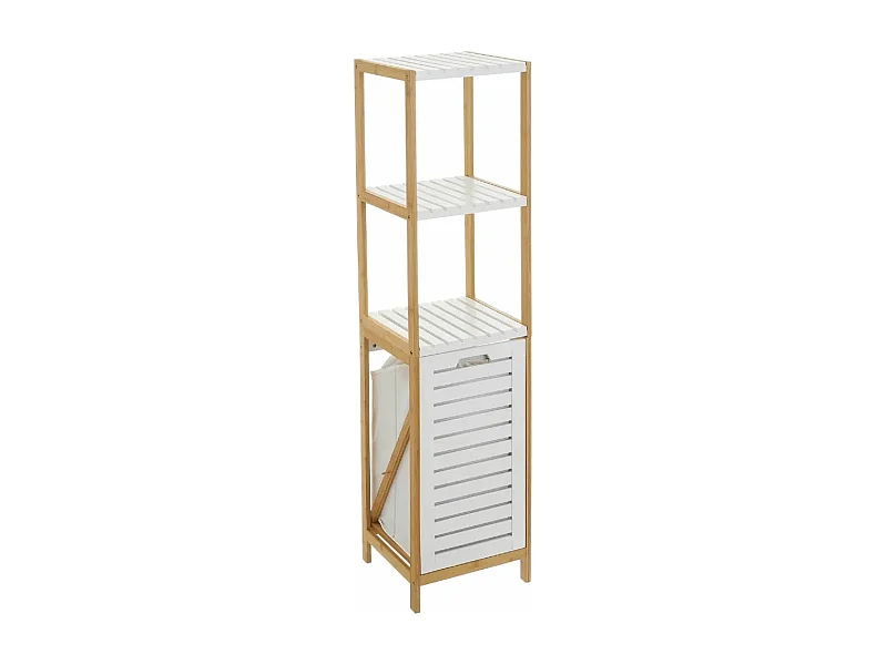 Estantería de Baño de Bambú con Cesto de Ropa - MDF Blanco/Natural 140 cm