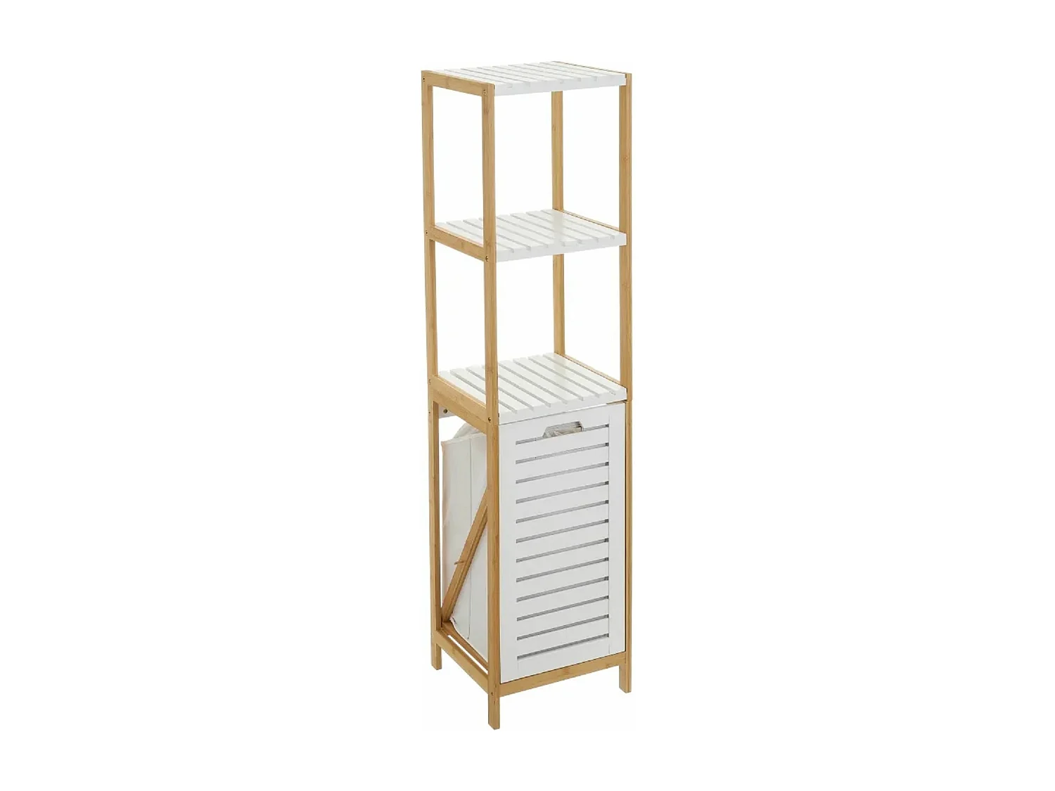 Étagère de salle de bain avec panier à linge en bambou, MDF coloris blanc/naturel - Longueur 34 x Profondeur 33 x Hauteur 140 cm
