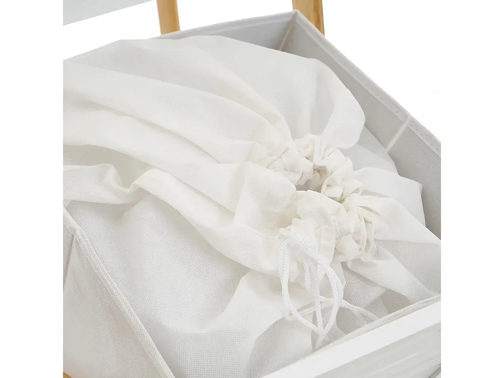 Étagère de salle de bain avec panier à linge en bambou, MDF coloris blanc/naturel - Longueur 34 x Profondeur 33 x Hauteur 140 cm
