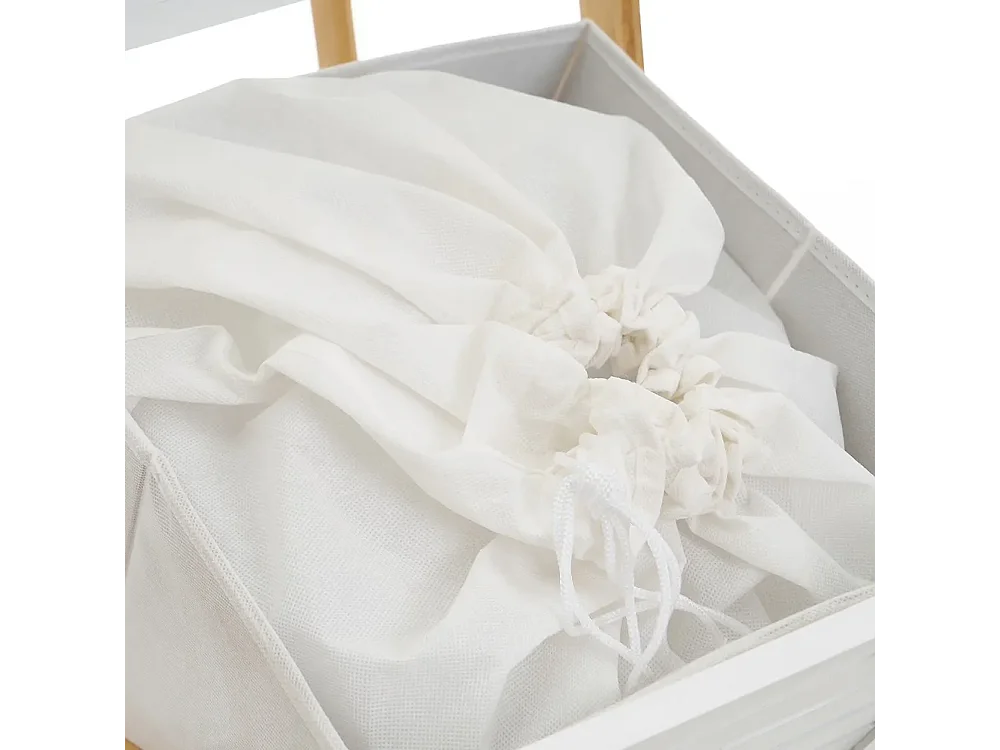 Estantería de Baño de Bambú con Cesto de Ropa - MDF Blanco/Natural 140 cm