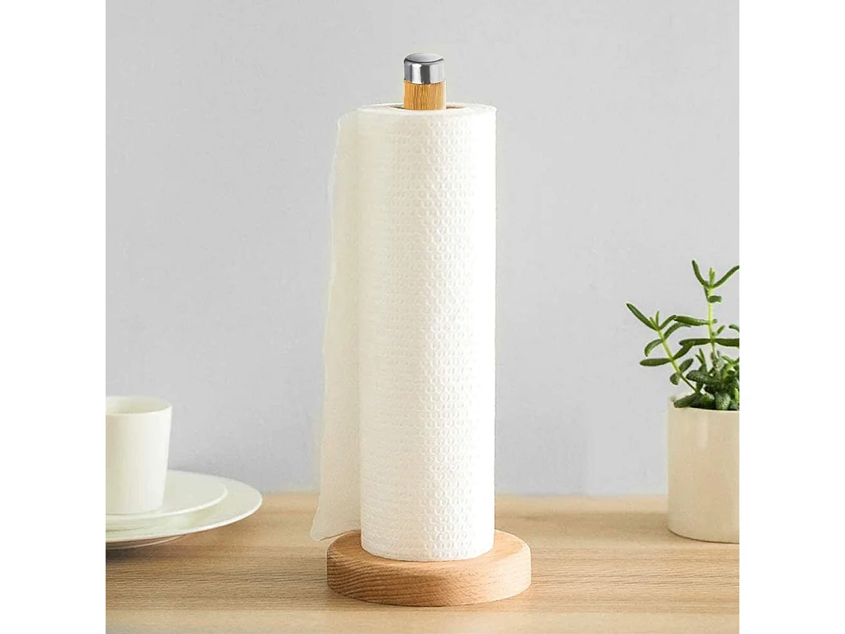 Porte rouleau essuie-tout, porte- rouleau de cuisine en bambou poli, support en bambou pour placer le rouleau de papier absorbant - Diamètre 14 x Hauteur 32 cm