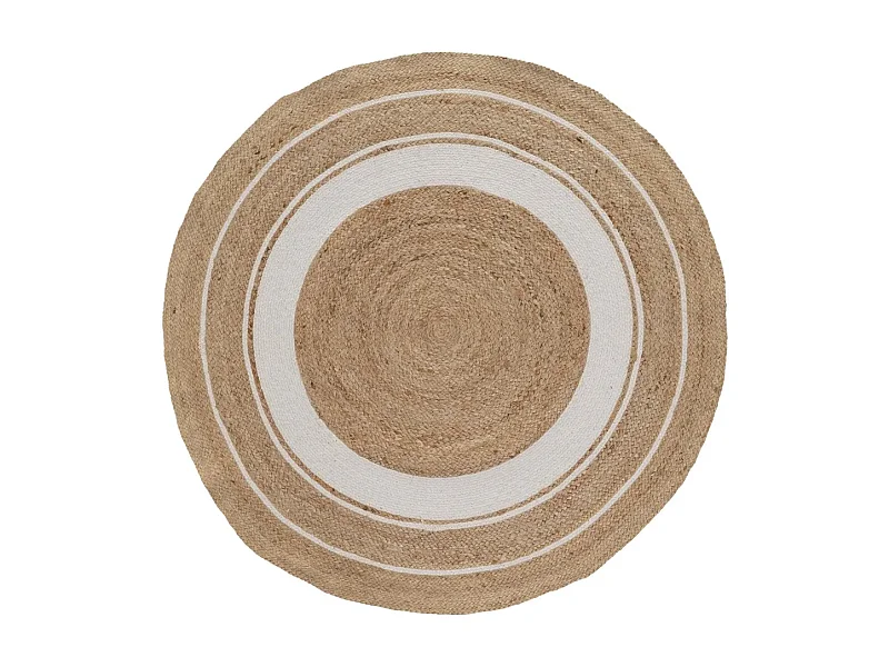 Tapis rond, moquette carpette en jute tressé coloris naturel/blanc - Diamètre 120 x Hauteur 0.5 cm