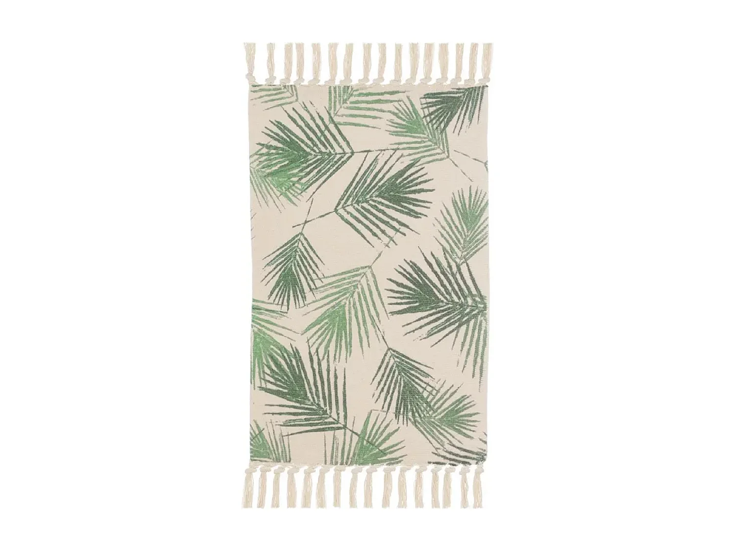 Tapis à franges avec pompons, moquette en polyester-coton imprimé coloris beige/vert - Longueur 80 x Profondeur 50 cm