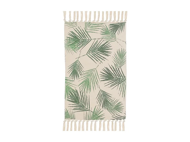 Tapis à franges avec pompons, moquette en polyester-coton imprimé coloris beige/vert - Longueur 80 x Profondeur 50 cm