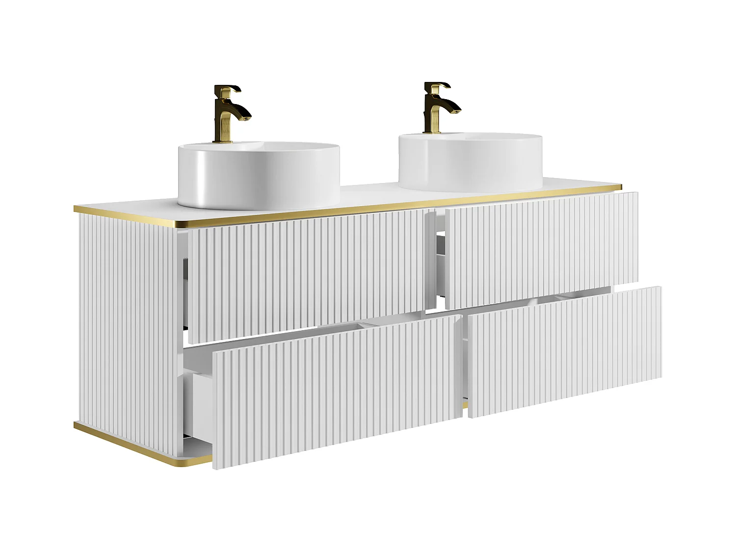 Stripete baderomsmøbel med gullbelagt kant og dobbel rund servant - Hvit - 150 cm - KELIZA