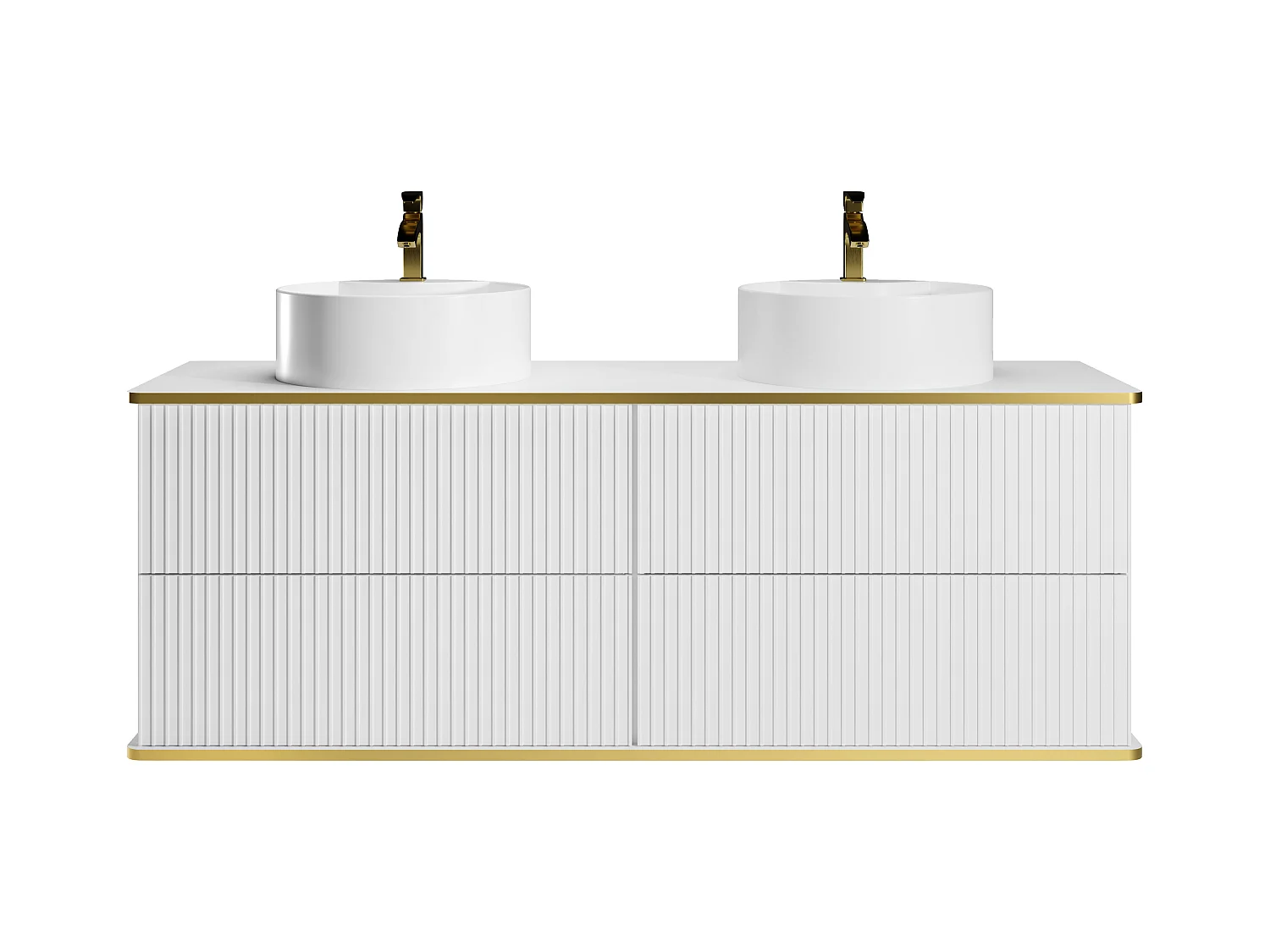 Stripete baderomsmøbel med gullbelagt kant og dobbel rund servant - Hvit - 150 cm - KELIZA