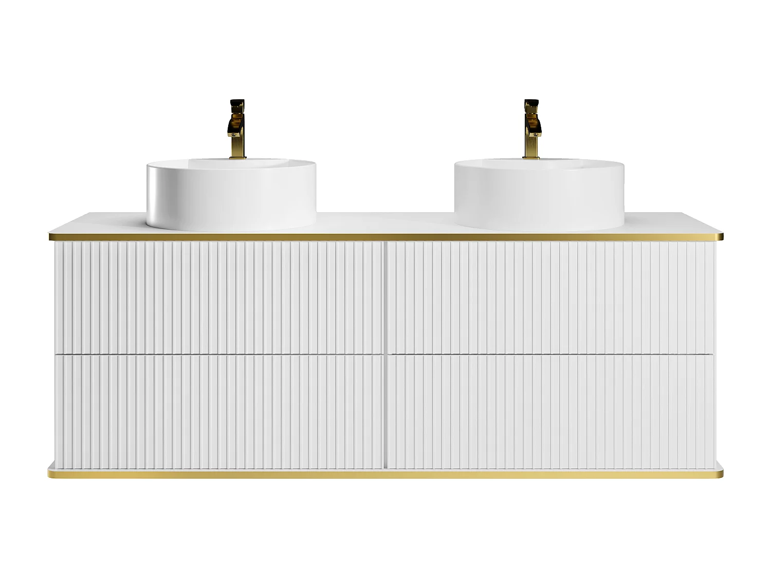 Hangmeubel voor badkamer met ribbels en goudkleurige rand met ronde opbouwwastafel - Wit - 150 cm - KELIZA