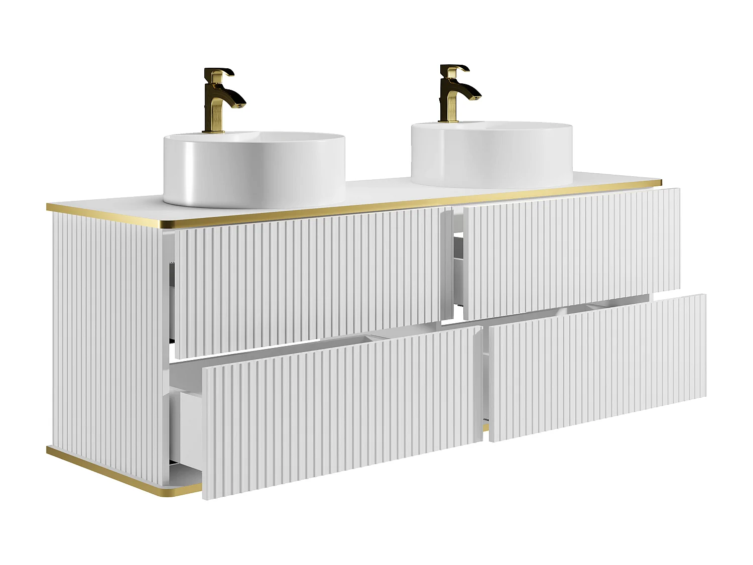 Hangmeubel voor badkamer met ribbels en goudkleurige rand met ronde opbouwwastafel - Wit - 150 cm - KELIZA