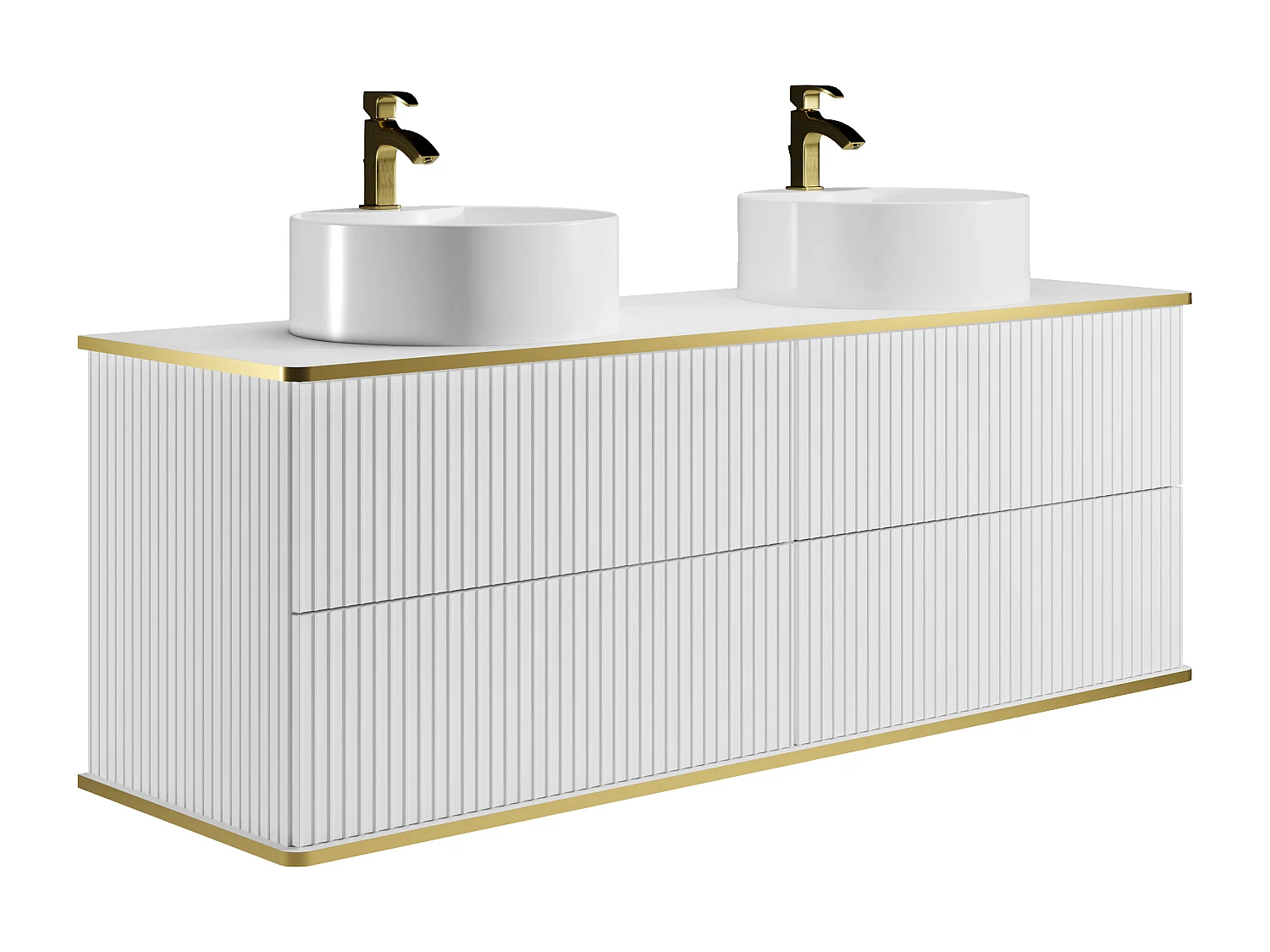 Hangmeubel voor badkamer met ribbels en goudkleurige rand met ronde opbouwwastafel - Wit - 150 cm - KELIZA