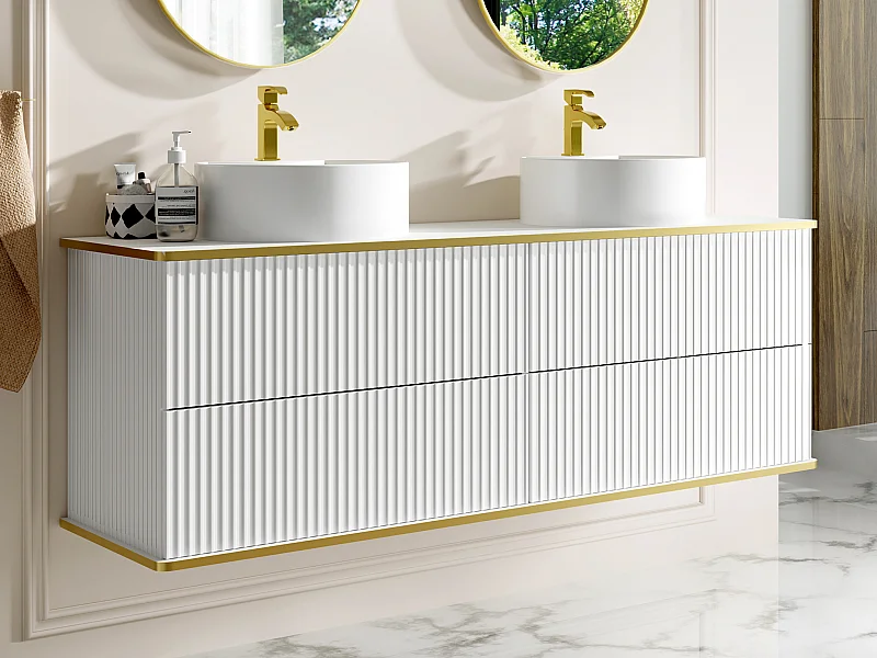 Hangmeubel voor badkamer met ribbels en goudkleurige rand met ronde opbouwwastafel - Wit - 150 cm - KELIZA