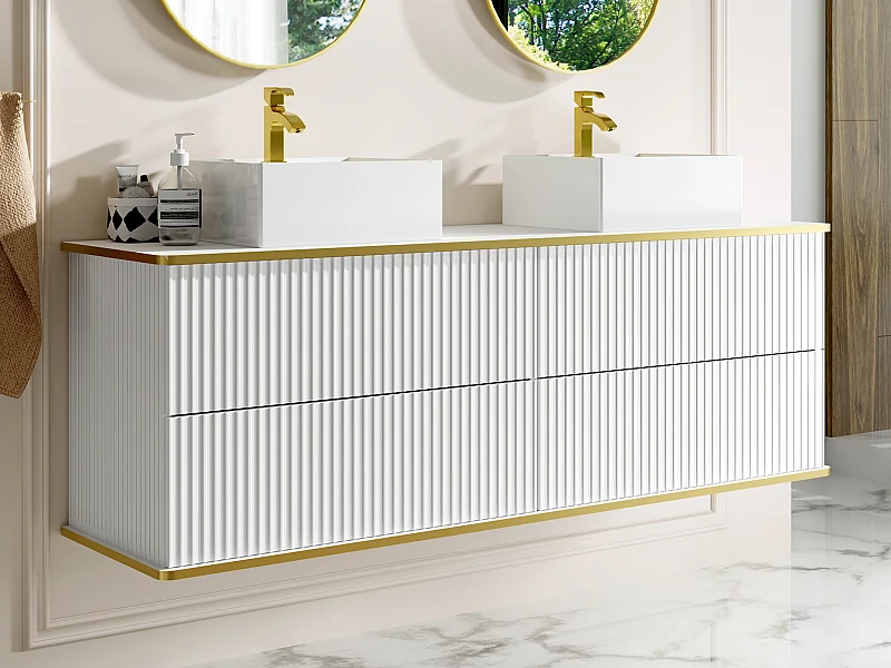 Mueble de baño suspendido estriado con ribete dorado y dos lavabos cuadrado - Blanco - 150 cm - KELIZA