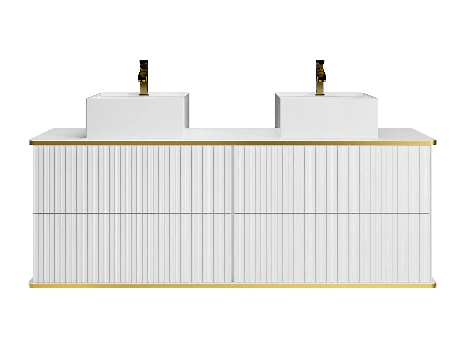 Waschbeckenunterschrank hängend mit quadratischem Doppelaufsatzwaschbecken - Streifenoptik - Goldfarbene Umrandung - Weiß - 150 cm - KELIZA