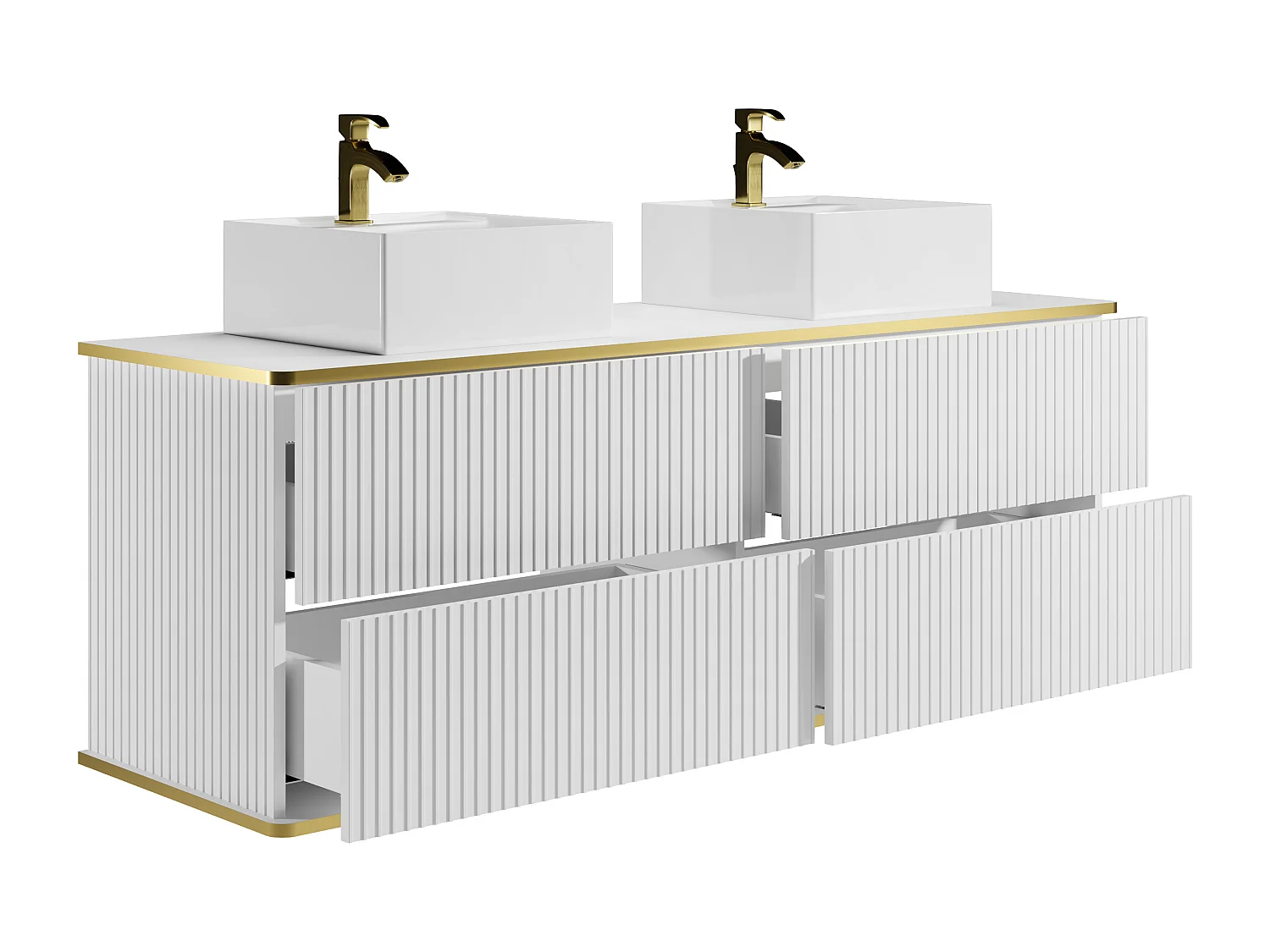 Waschbeckenunterschrank hängend mit quadratischem Doppelaufsatzwaschbecken - Streifenoptik - Goldfarbene Umrandung - Weiß - 150 cm - KELIZA
