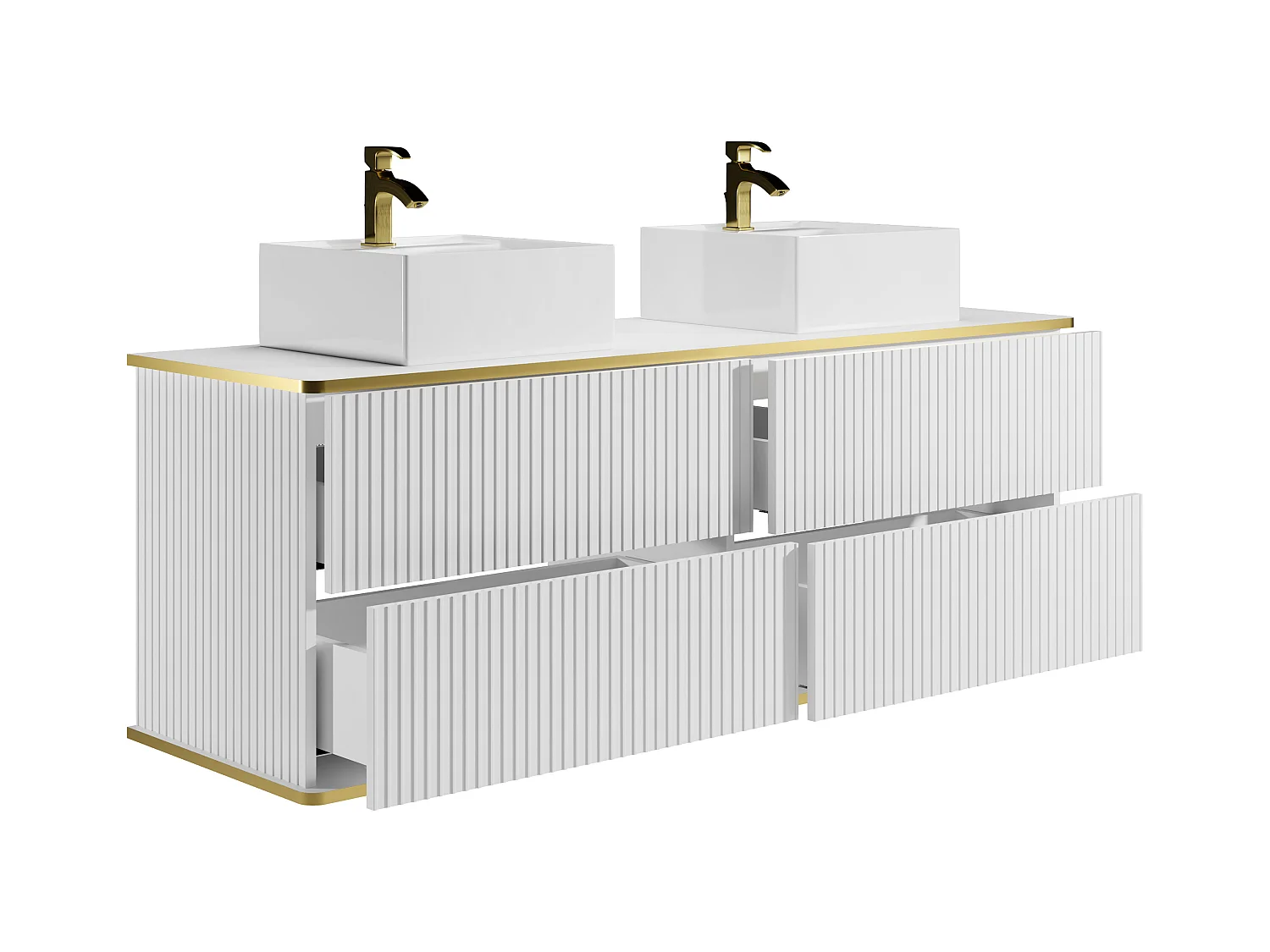 Hengende baderomsmøbel med stripemønster og gullkant med dobbel firkantet benkeservant - Hvit - 150 cm - KELIZA