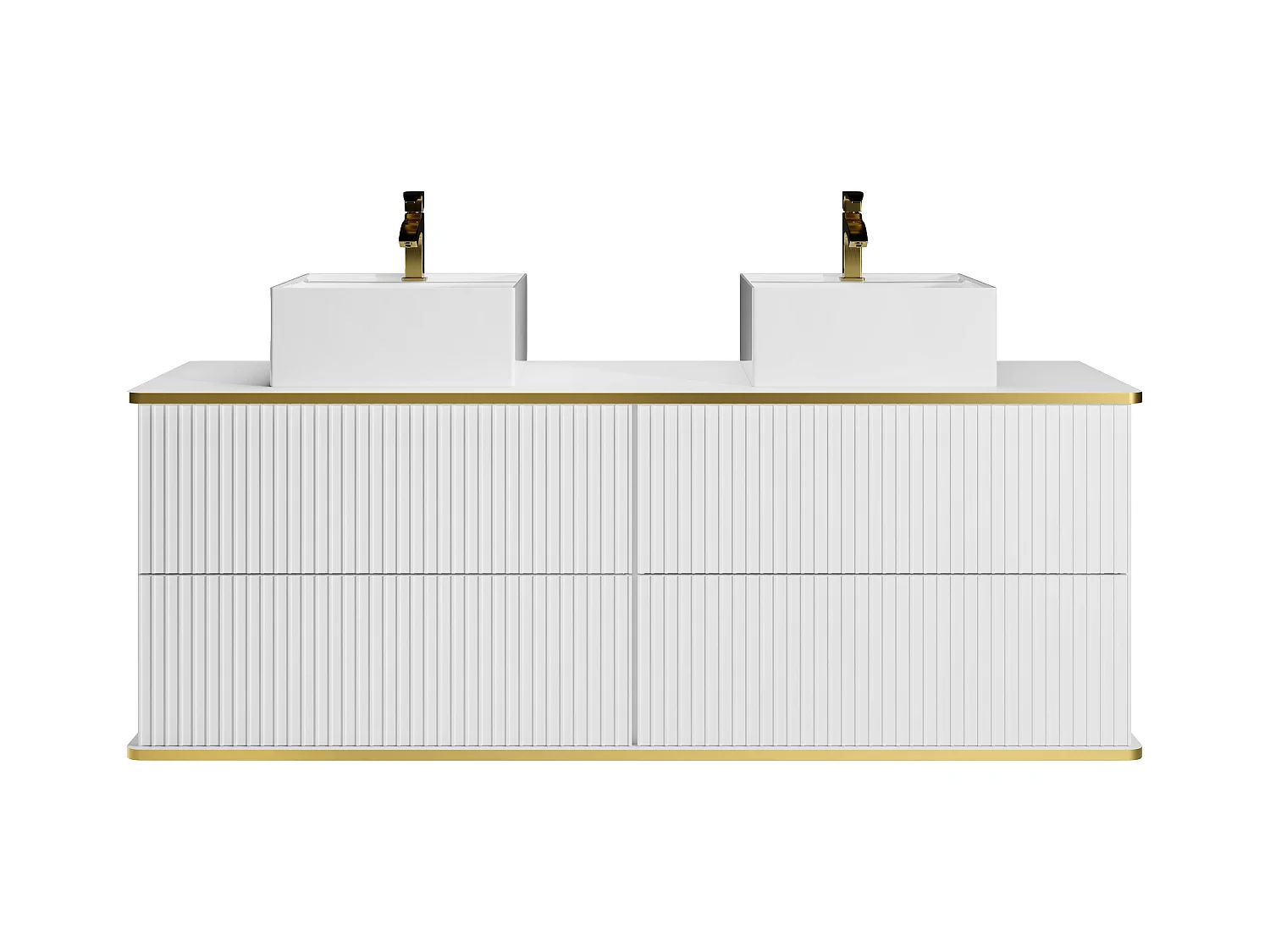 Hengende baderomsmøbel med stripemønster og gullkant med dobbel firkantet benkeservant - Hvit - 150 cm - KELIZA