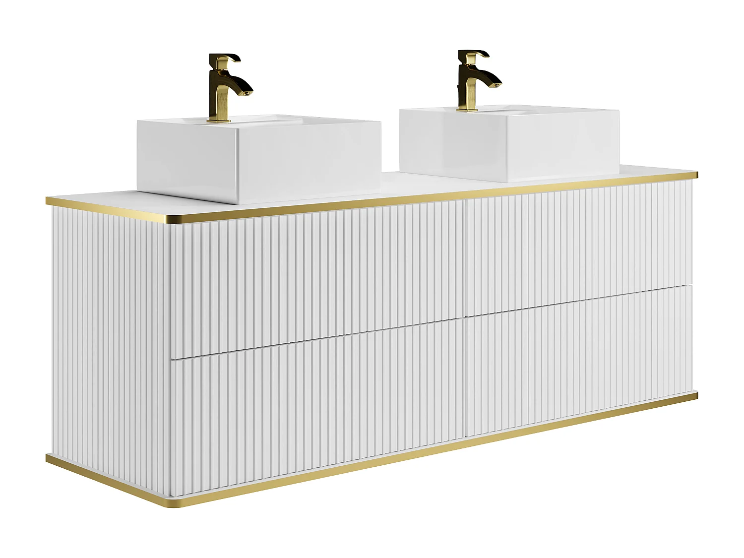 Väggmonterad dubbelkommod med handfat vit räfflad och guldfärgad 150 cm KELIZA