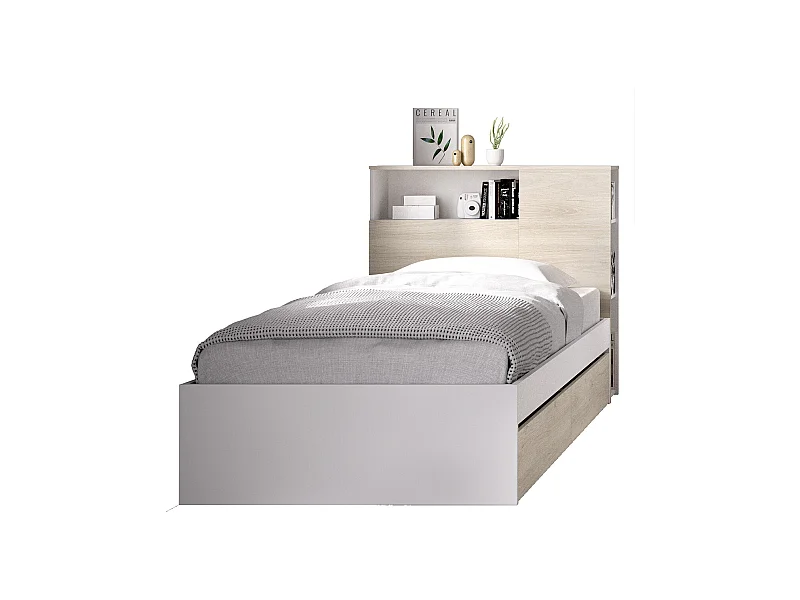Tête de lit + structure de lit avec 2 tiroirs pour enfant en bois coloris chêne naturel, blanc - Longueur 218 x Profondeur 97,50 x Hauteur 95 cm