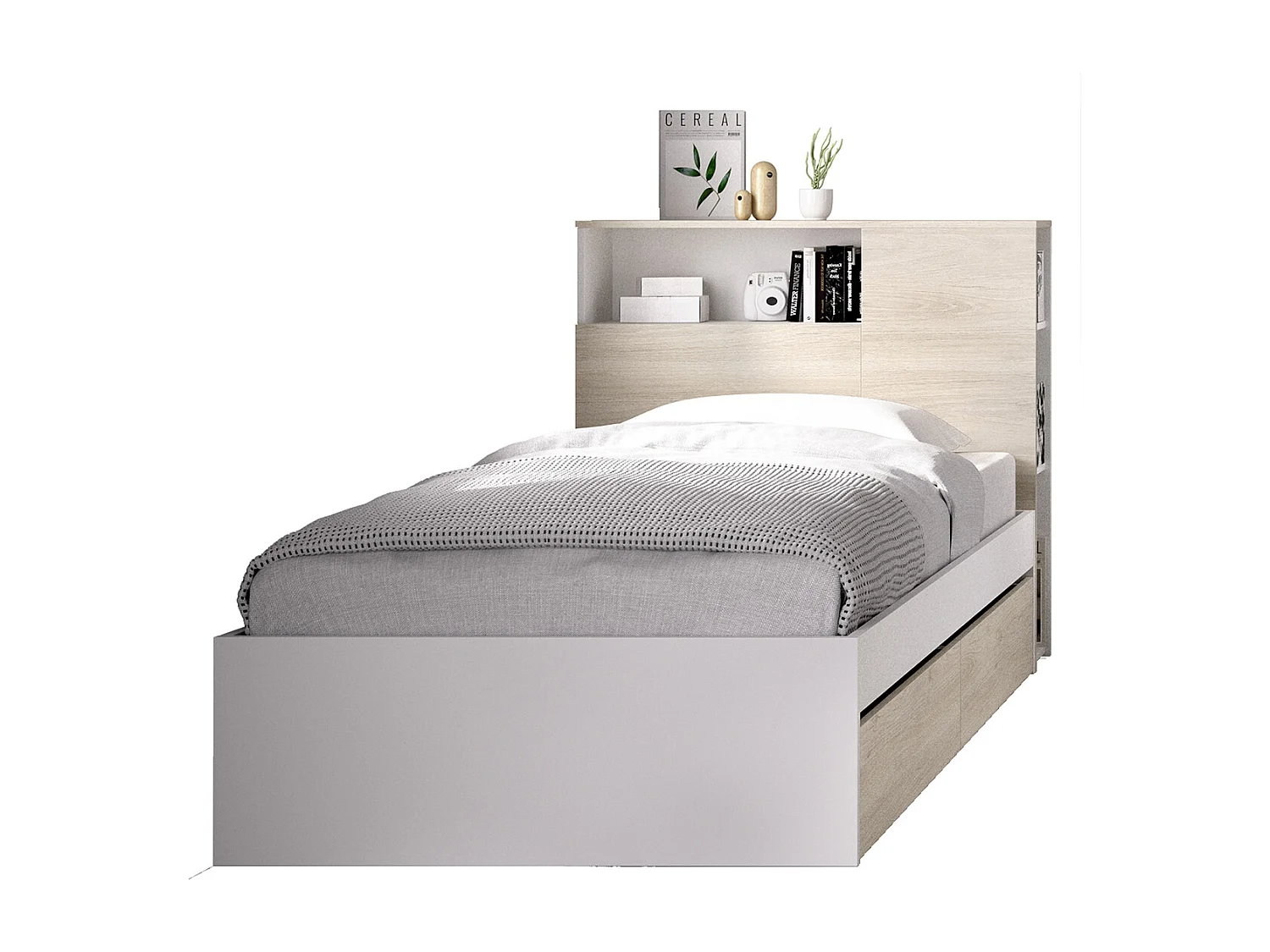 Tête de lit + structure de lit avec 2 tiroirs pour enfant en bois coloris chêne naturel, blanc - Longueur 218 x Profondeur 97,50 x Hauteur 95 cm