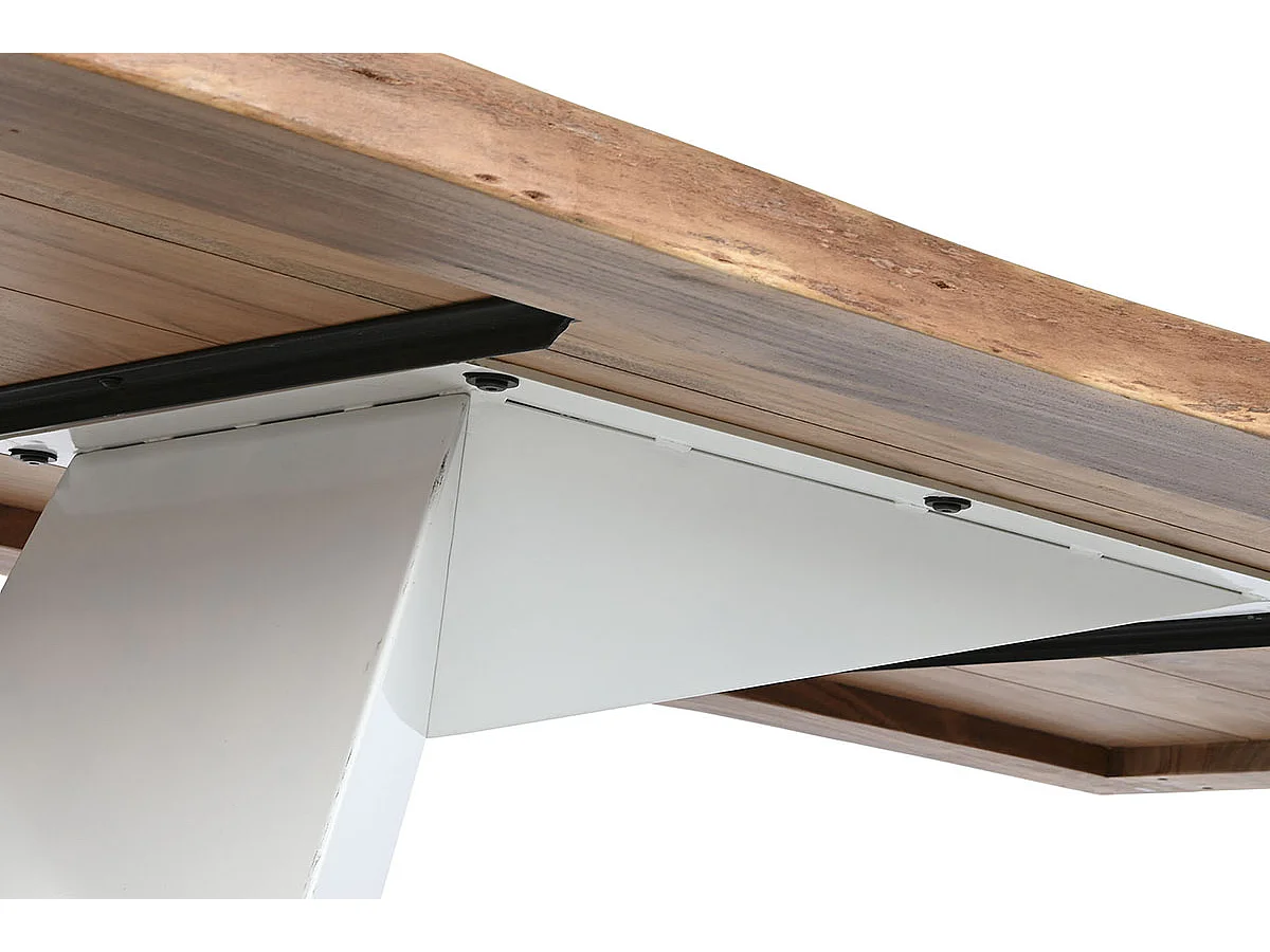 Table de salle à manger, table de repas en bois d'acacia coloris naturel et métal blanc - longueur 200 x profondeur 100 x hauteur 76 cm