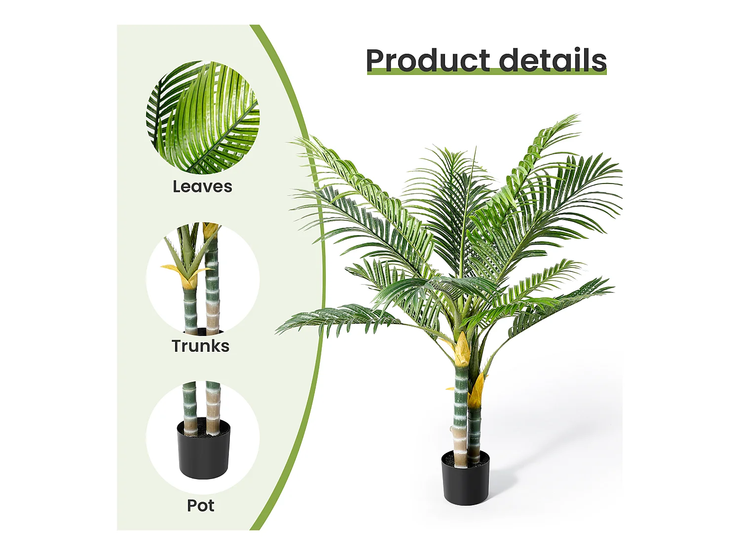 Plante artificielle vert - Palmier en pot H 120 cm - très réaliste palmier - 2 tronc et 15 feuilles - avec pot