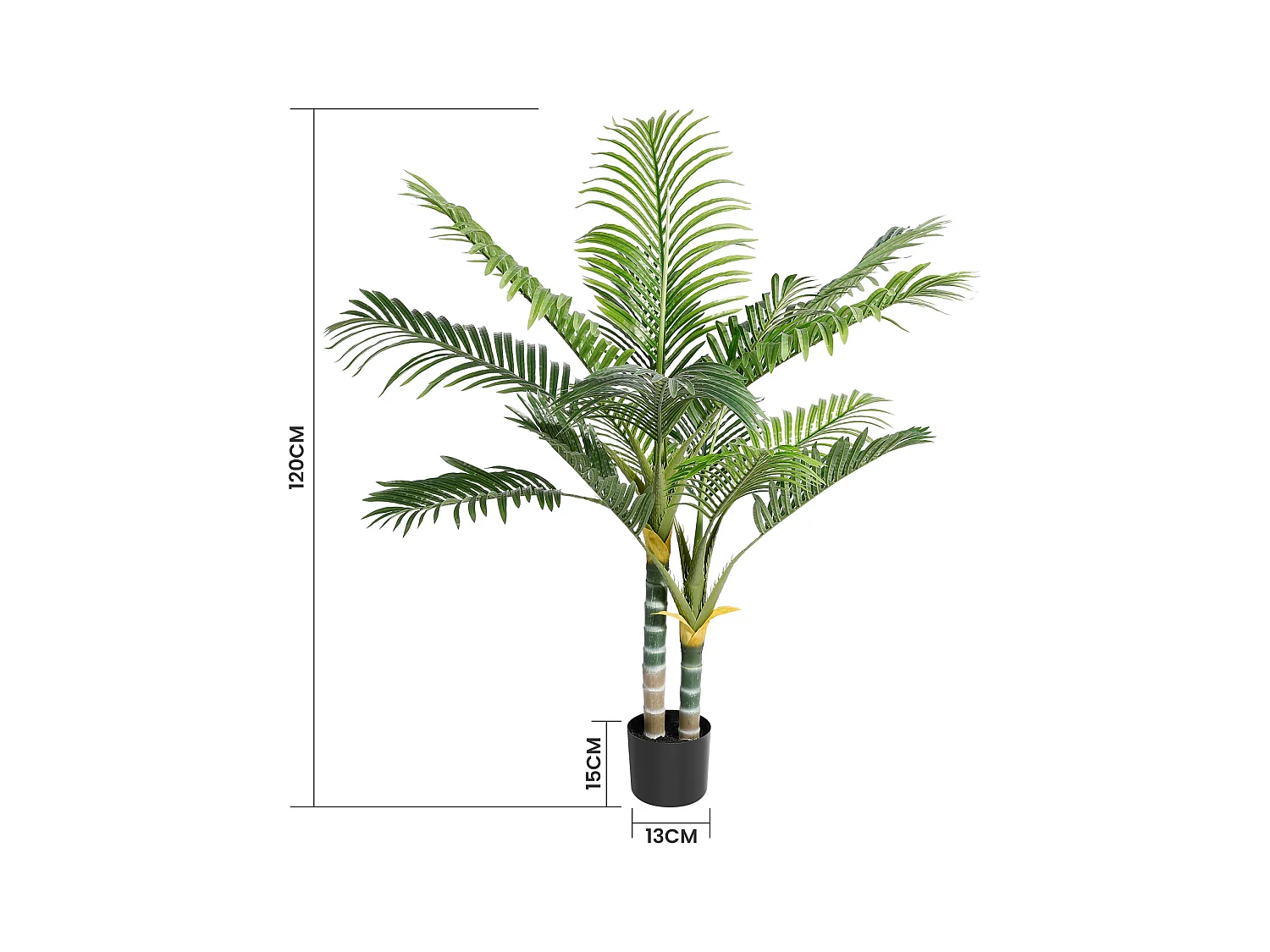 Plante artificielle vert - Palmier en pot H 120 cm - très réaliste palmier - 2 tronc et 15 feuilles - avec pot