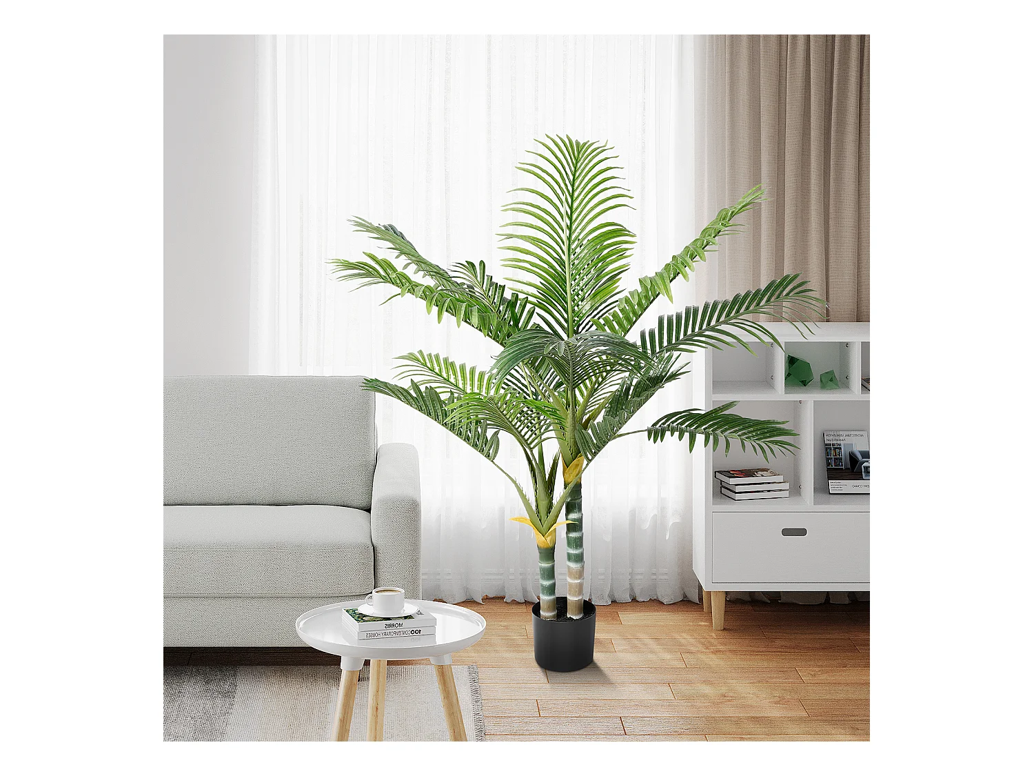 Plante artificielle vert - Palmier en pot H 120 cm - très réaliste palmier - 2 tronc et 15 feuilles - avec pot