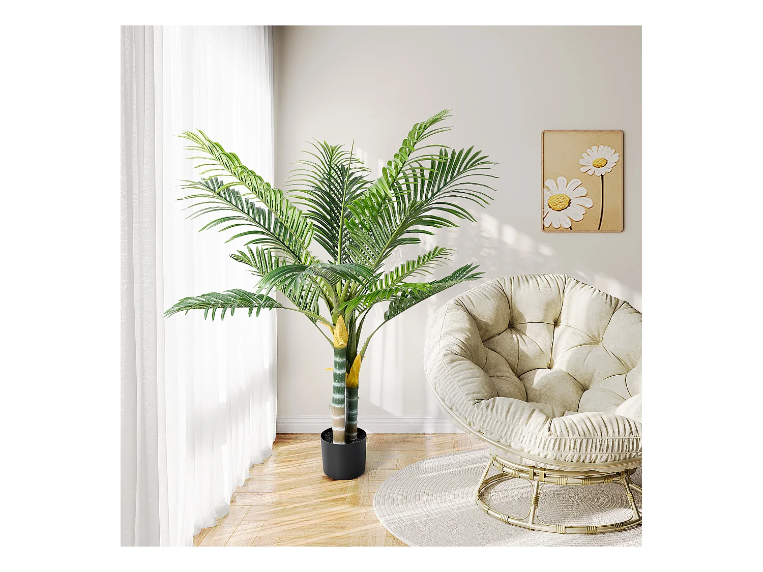 Plante artificielle vert - Palmier en pot H 120 cm - très réaliste palmier - 2 tronc et 15 feuilles - avec pot