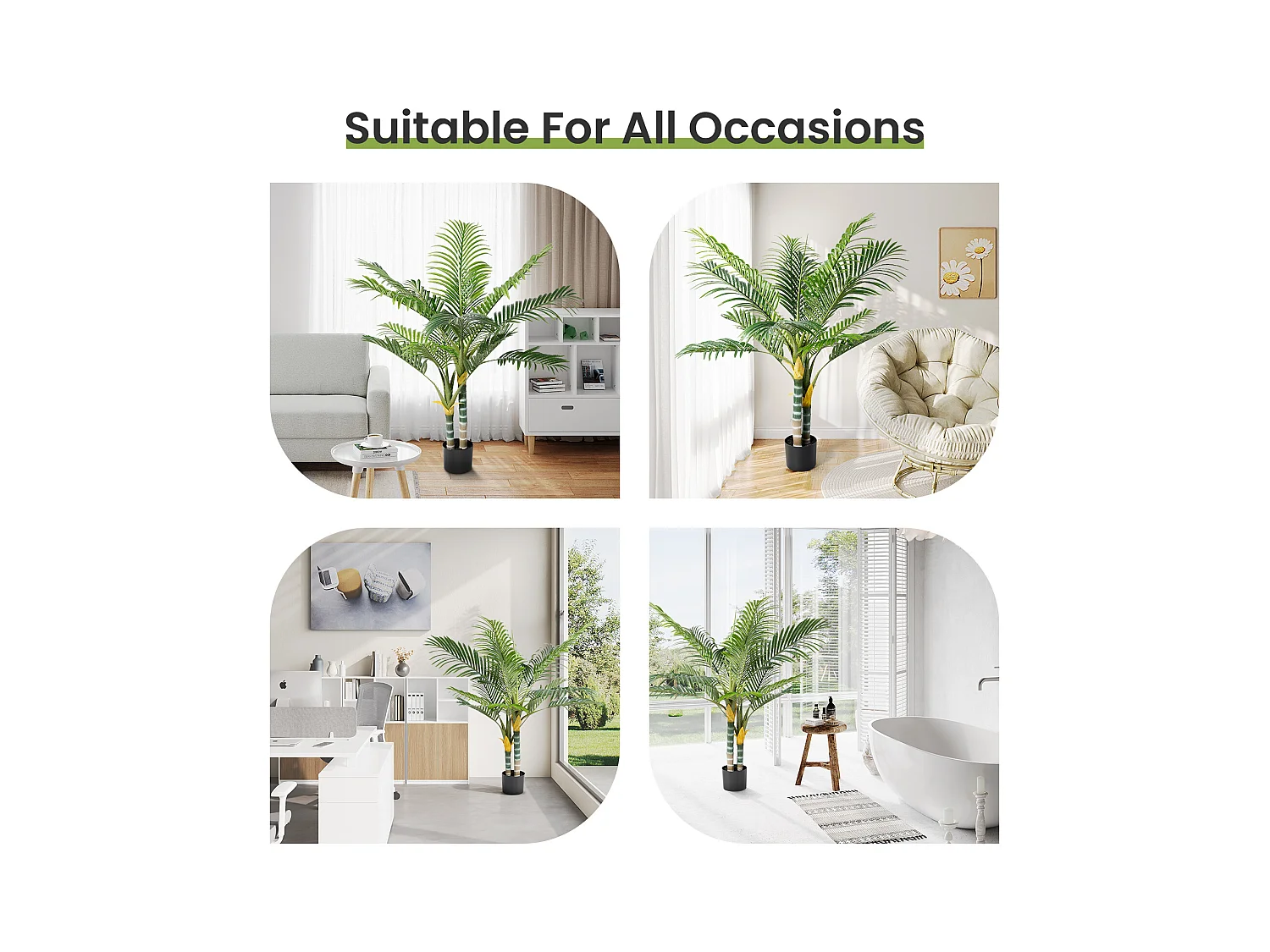 Plante artificielle vert - Palmier en pot H 120 cm - très réaliste palmier - 2 tronc et 15 feuilles - avec pot