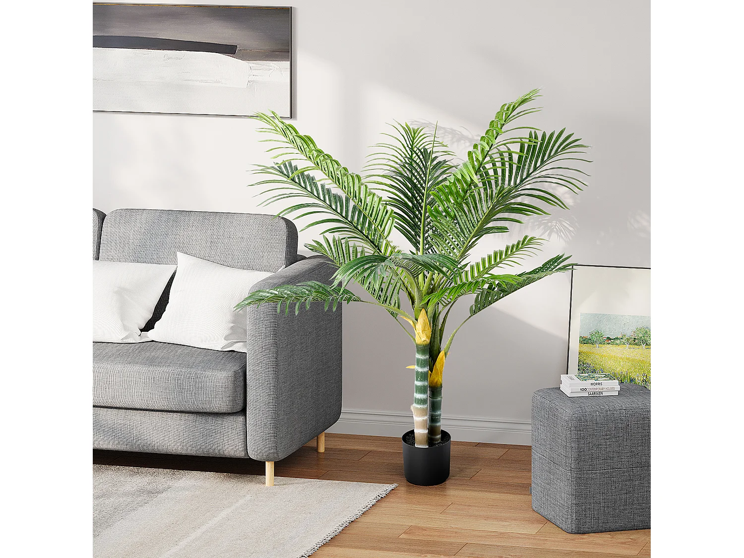 Plante artificielle vert - Palmier en pot H 120 cm - très réaliste palmier - 2 tronc et 15 feuilles - avec pot