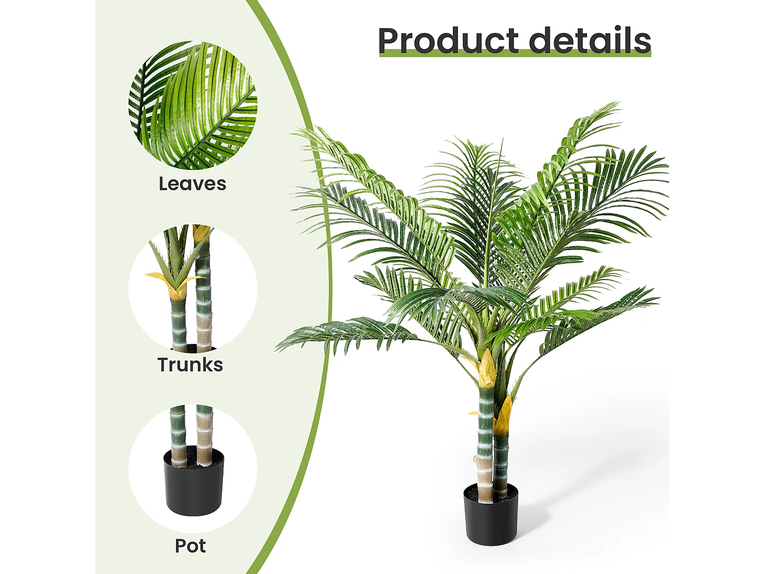 Plante artificielle vert - Palmier en pot H 120 cm - très réaliste palmier - 2 tronc et 15 feuilles - avec pot