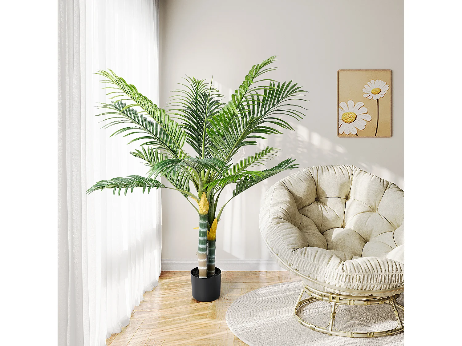 Plante artificielle vert - Palmier en pot H 120 cm - très réaliste palmier - 2 tronc et 15 feuilles - avec pot