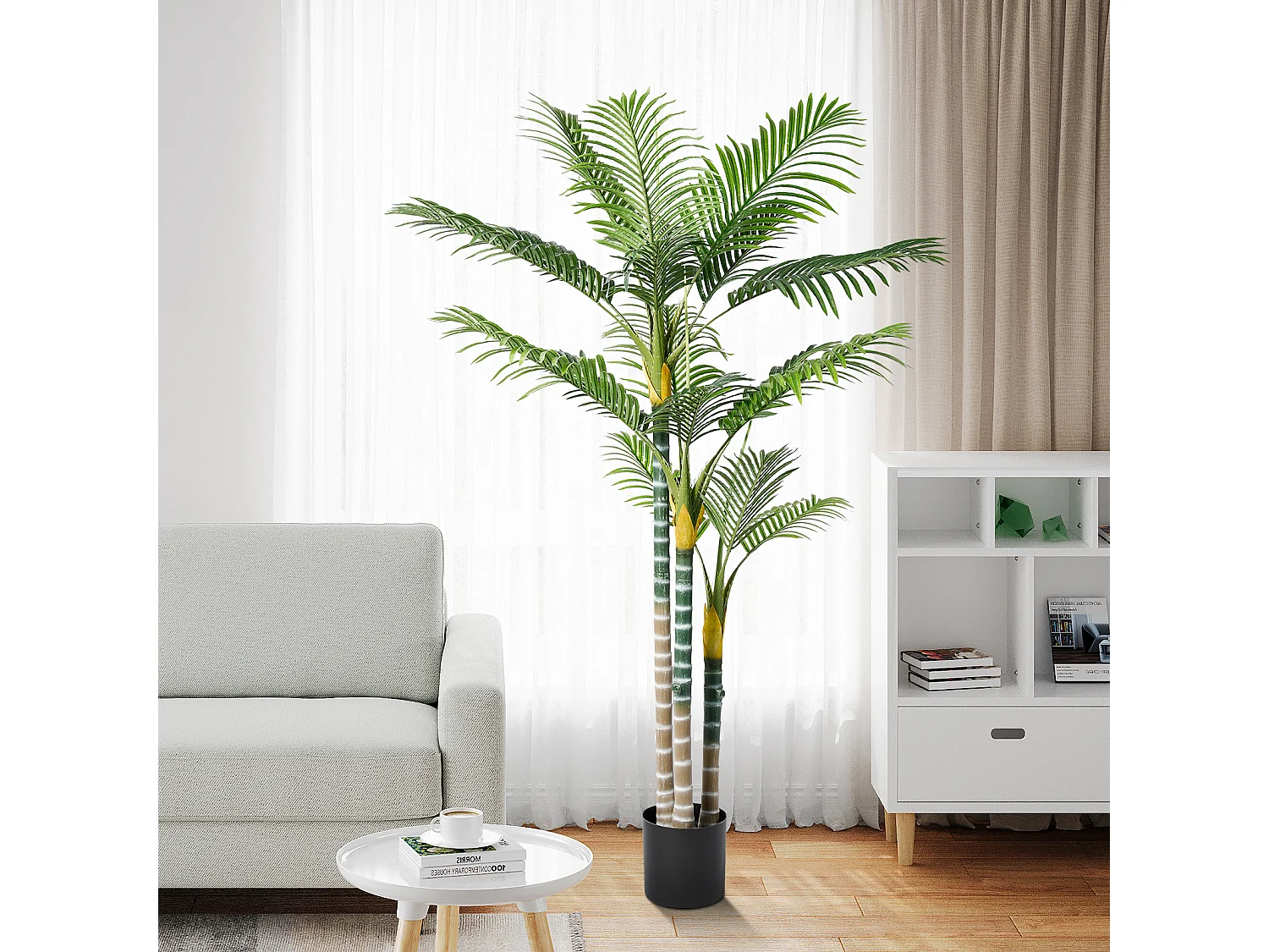 Kunstmatige buitenplant met pot, palmboom 180 cm, 3 stam en 18 bladeren, decoratie woonkamer slaapkamer balkon binnenplaats tuin kantoor