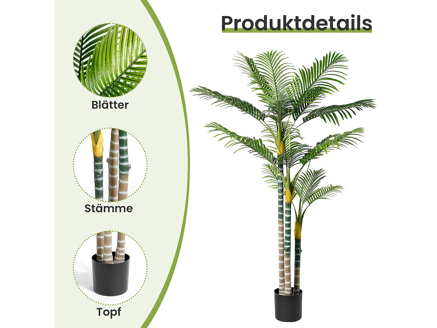 Kunstmatige buitenplant met pot, palmboom 180 cm, 3 stam en 18 bladeren, decoratie woonkamer slaapkamer balkon binnenplaats tuin kantoor