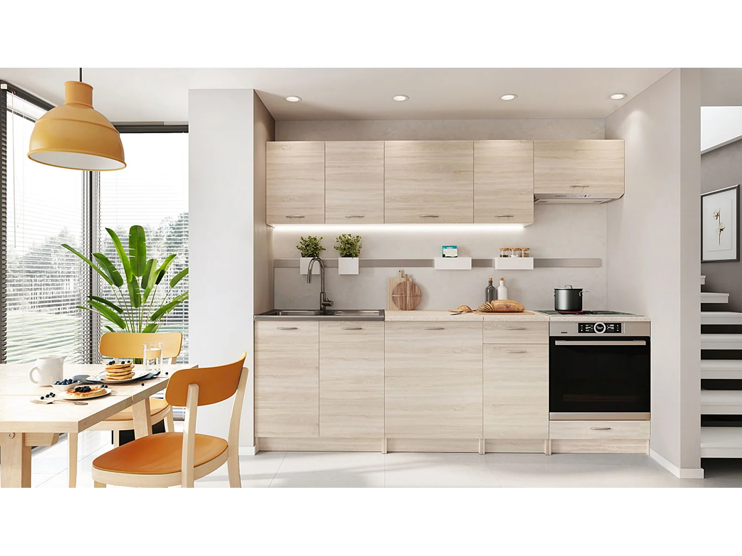 Cuisine complète MILA 8 éléments couleur sonoma avec plan de travail inclus - Longueur 240 cm