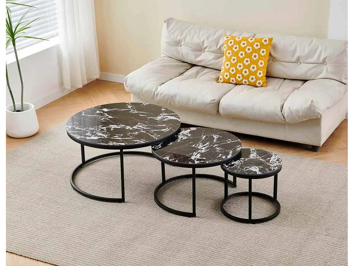 Set de 2 tables basses gigognes en céramique et métal coloris noir et blanc