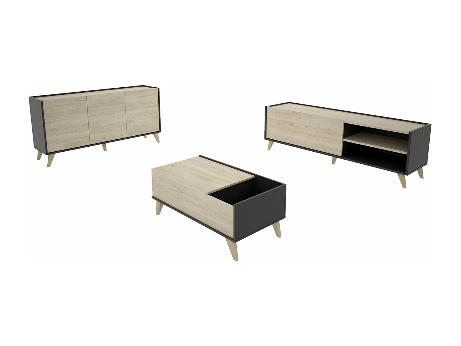 Ensemble de salon en bois mélaminé avec meuble bas TV + table basse relevable + buffet coloris chêne naturel, graphite