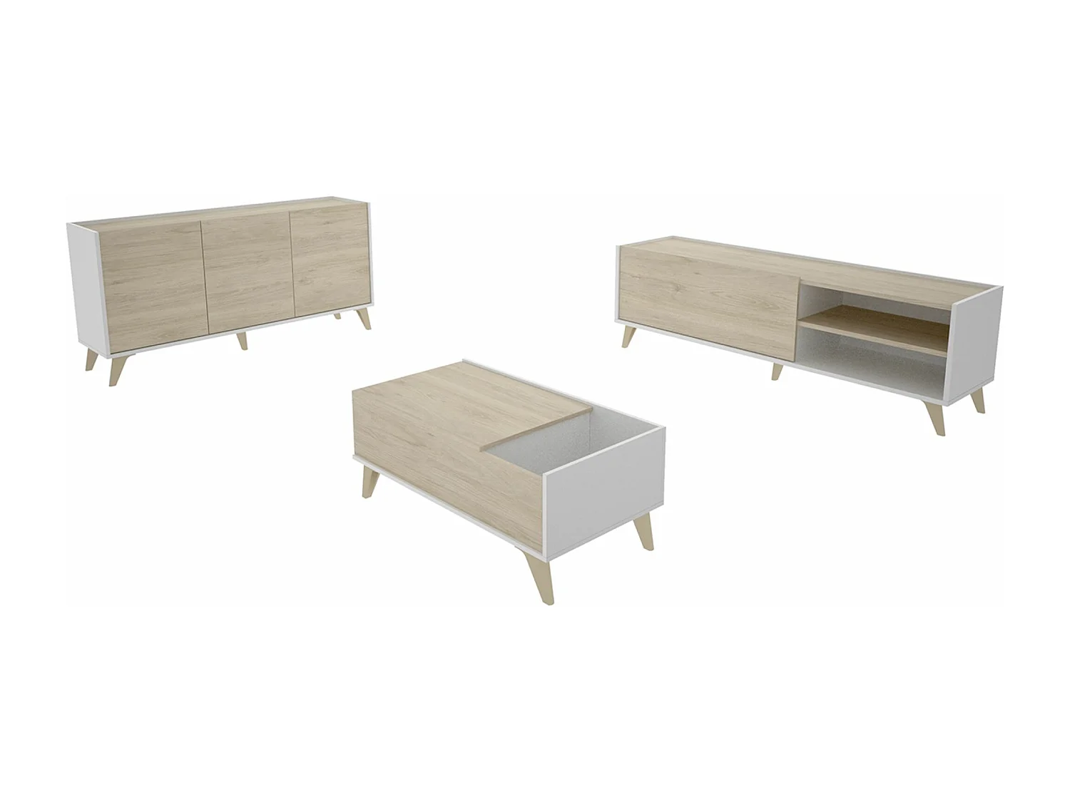 Ensemble de salon en bois mélaminé avec meuble bas TV +  buffet + table basse relevable coloris chêne naturel, blanc