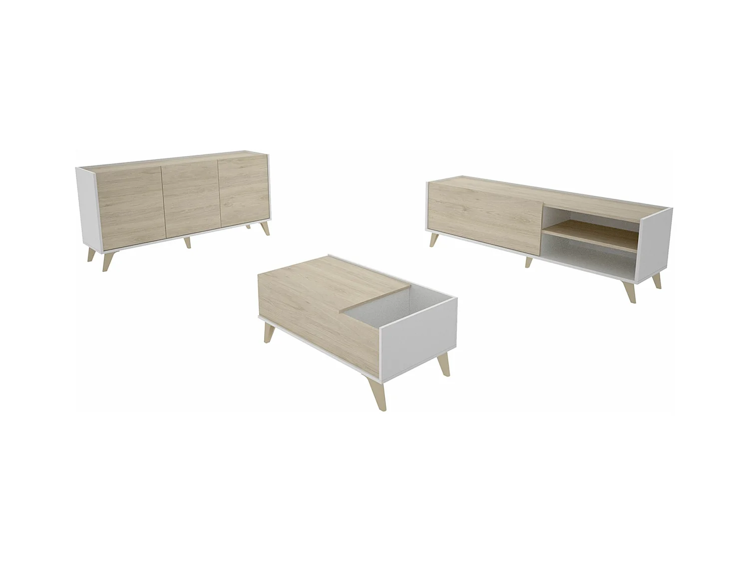 Ensemble de salon en bois mélaminé avec meuble bas TV +  buffet + table basse relevable coloris chêne naturel, blanc