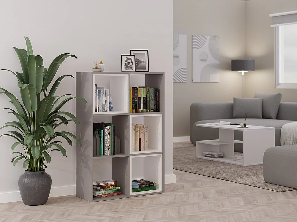 MARION - Étagère modulable 6 cubes - Bibliothèque 6 cases - 110x30x75 cm - Meuble de rangement - Gris
