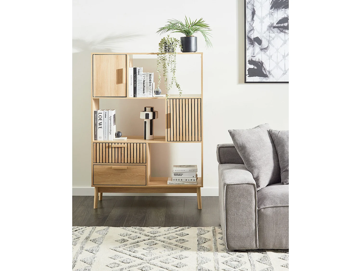 Regal heller Holzfarbton Lamellen-Optik 2 Schubladen 2 Türen 3 Fächer Lynwood