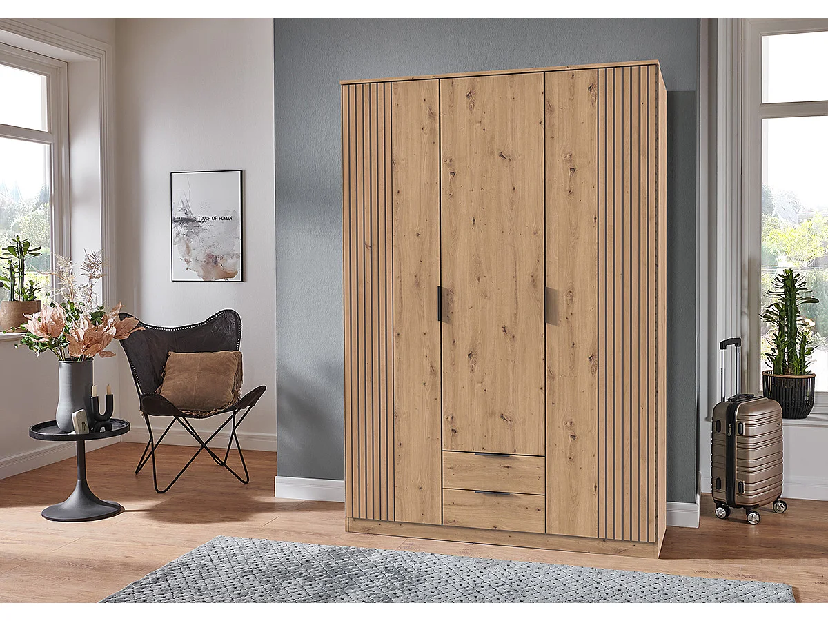 Armoire coloris  rechampis imitation chêne artisan - L. 135 x H. 199 x P. 58 cm