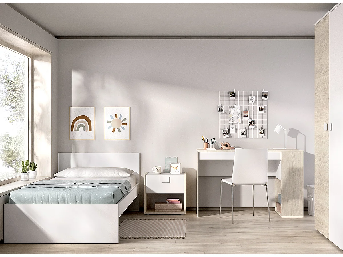 Ensemble de lit + table de nuit + meuble de bureau + armoire pour enfant coloris  blanc, chêne naturel