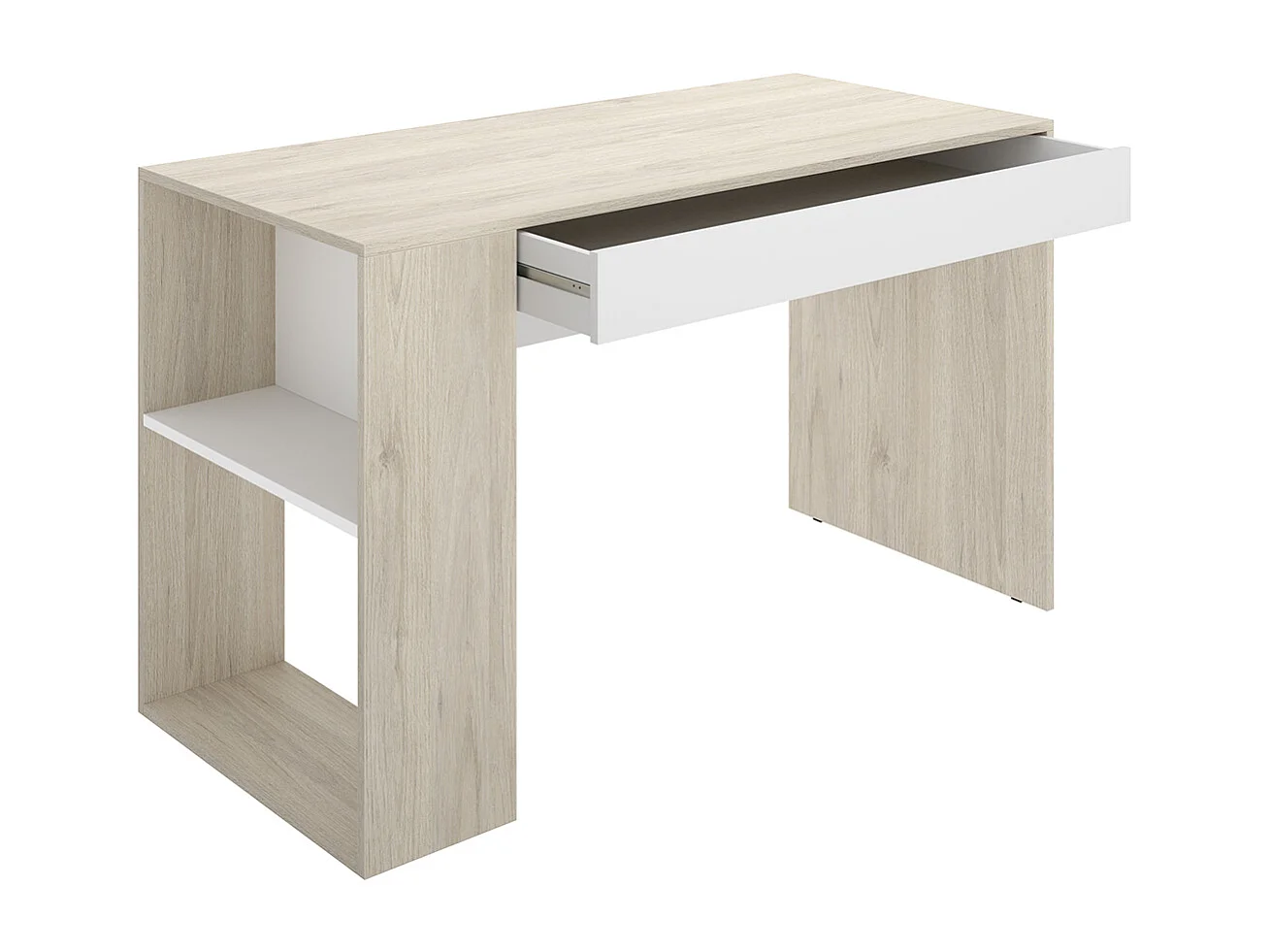 Ensemble de lit + table de nuit + meuble de bureau + armoire pour enfant coloris  blanc, chêne naturel