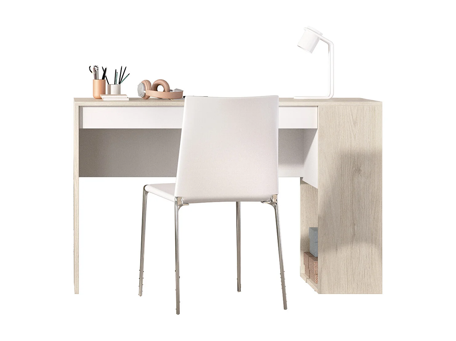 Ensemble de lit + table de nuit + meuble de bureau + armoire pour enfant coloris  blanc, chêne naturel