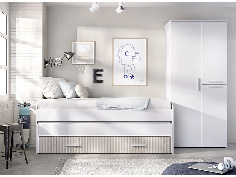 Ensemble chambre enfant avec couchage 90 x 190 en bois coloris imitation lamelles, blanc