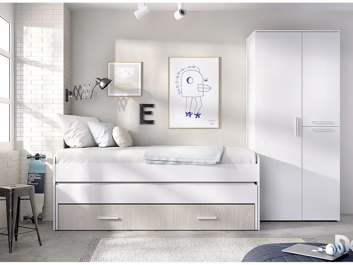 Ensemble chambre enfant avec couchage 90 x 190 en bois coloris imitation lamelles, blanc