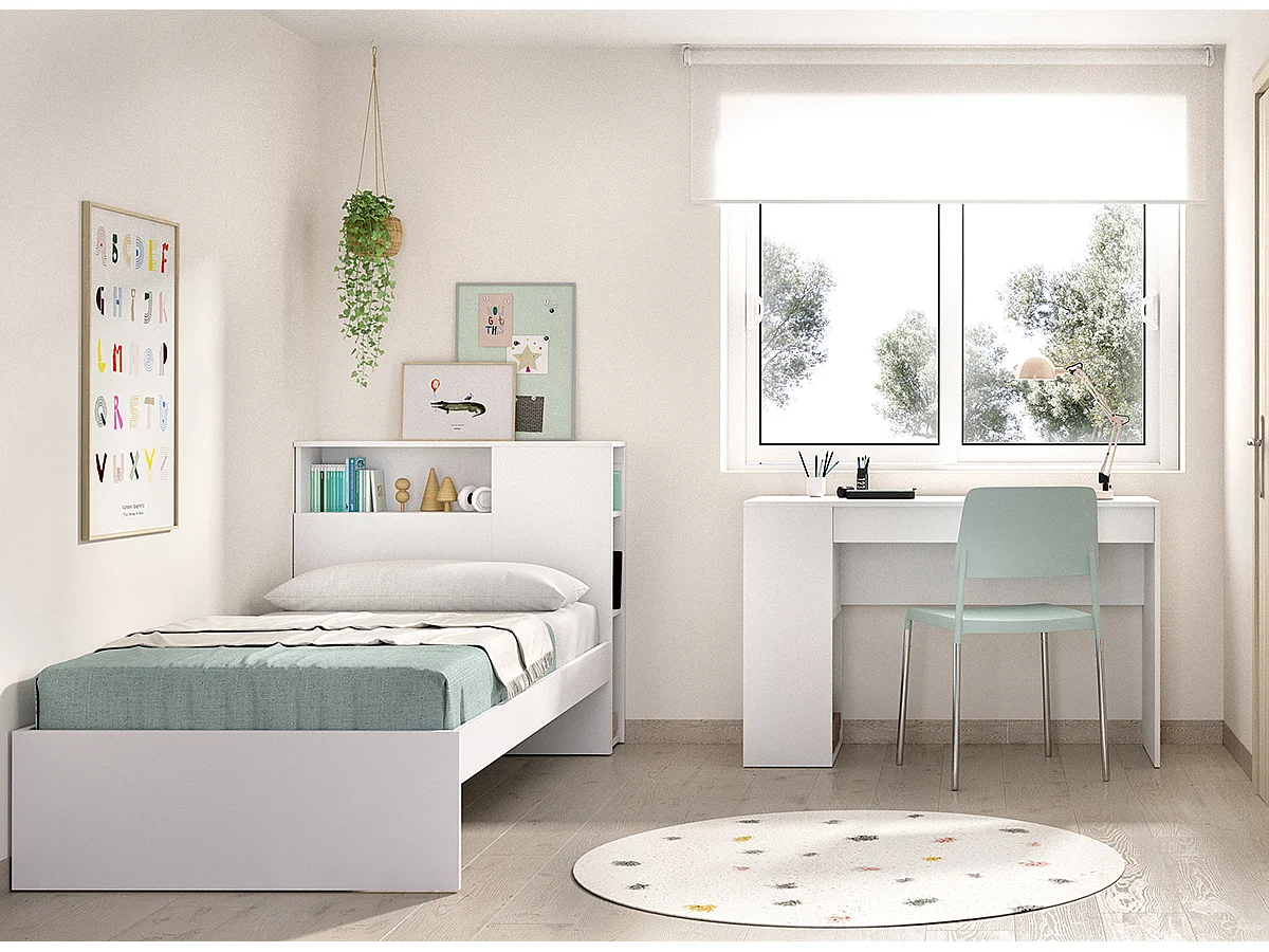 Ensemble de tête de lit + structure de lit + bureau pour enfant coloris blanc